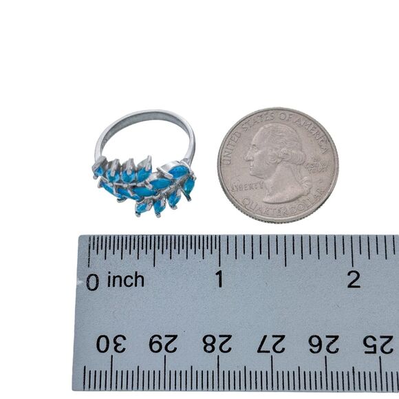 Vintage Sterling Silver 925 Three Row Blue Marquis Cubic Zirconia Ring Size 6 - Picture 9 of 9